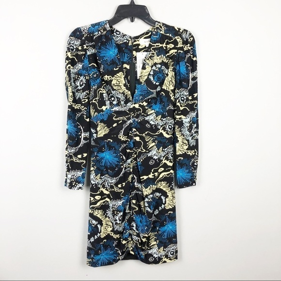 A.L.C. Roxy Celestial Printed Silk Long Sleeve V Neck Mini Dress Black Cocktail - Picture 2 of 10